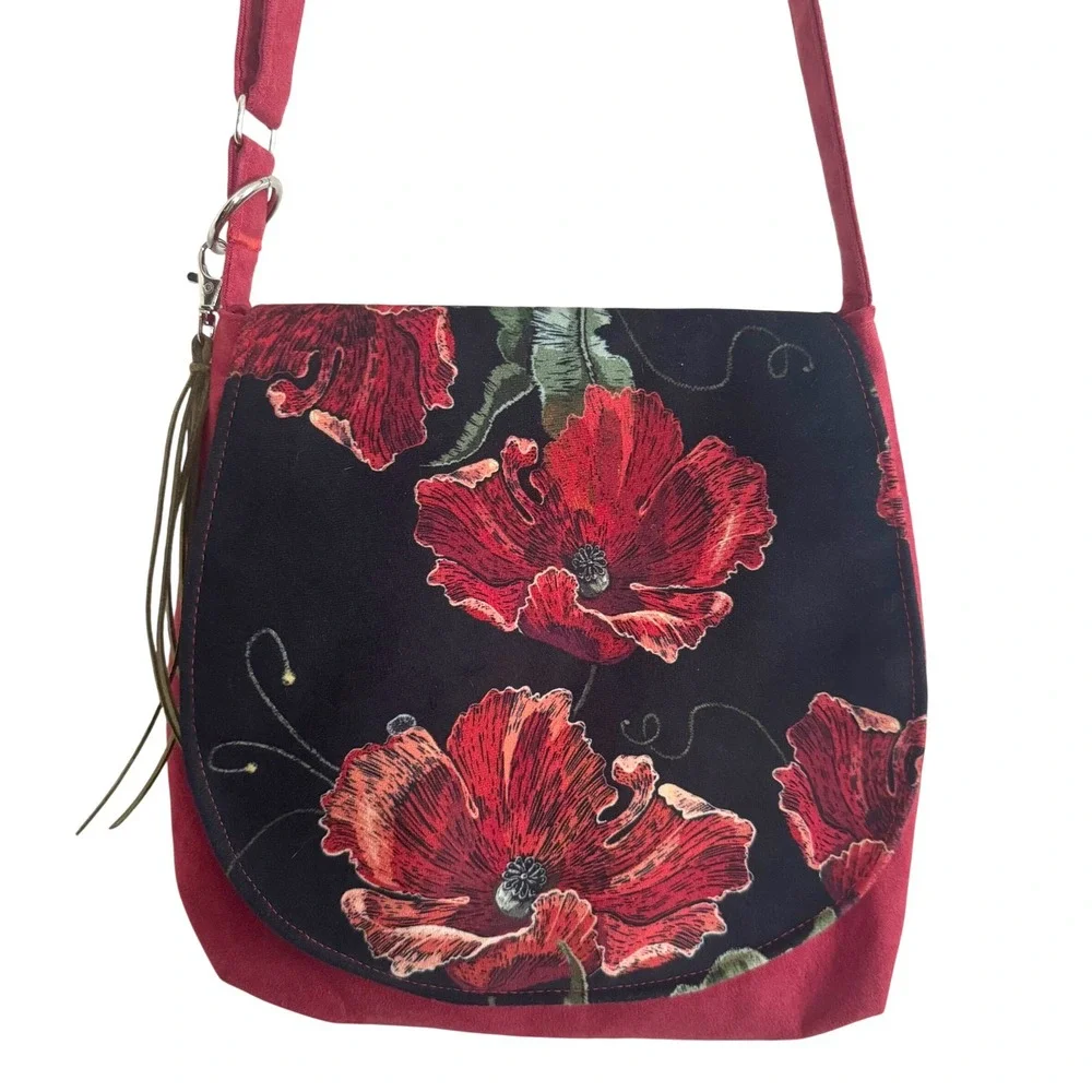 Red Poppy Floral Crossbody Bag 11x11 Adjustable Strap Boho Messenger Purse